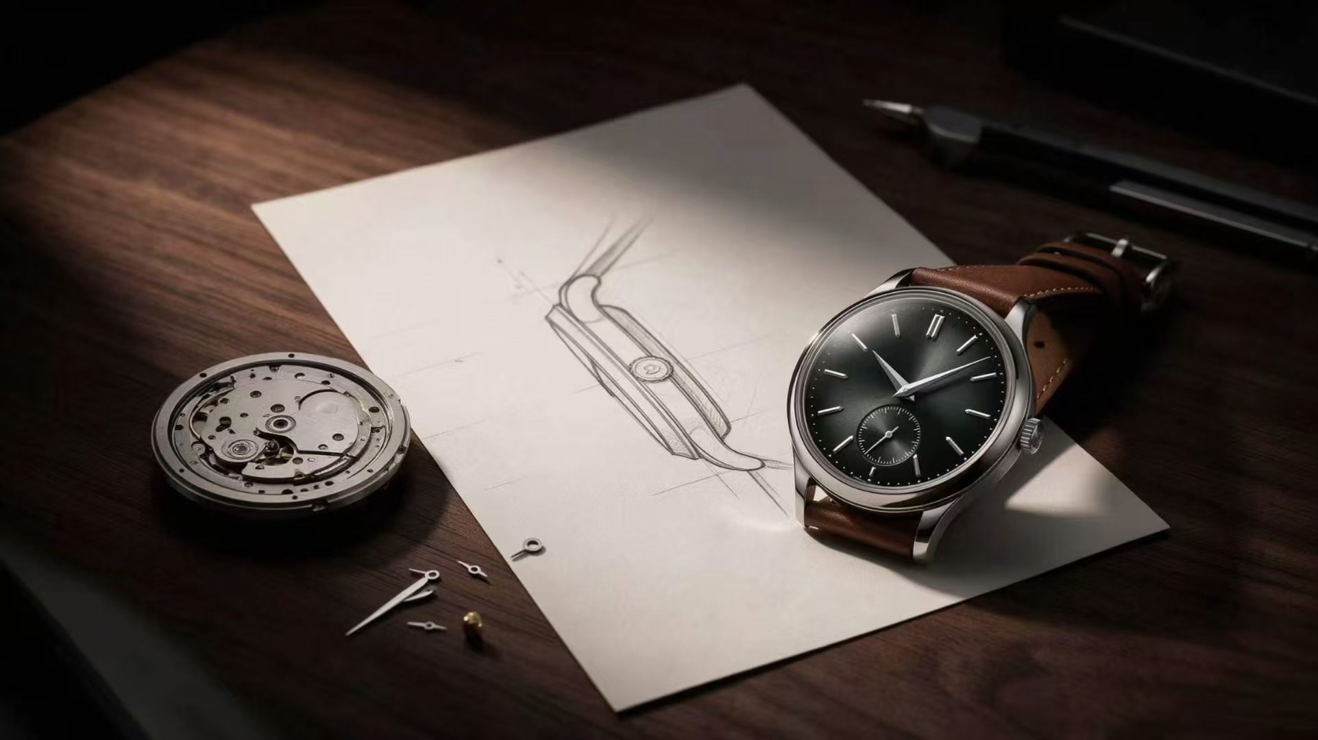 Watch design sketch next to the finished watch