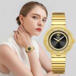 Women's 9mm Ultra-Thin Quartz Watch Gold-Tone Diamond-Accent Alloy Case Fashion Elegant 10m Water Resistant Analog Timepiece