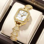 Women's Square Mother-of-Pearl Quartz Watch - Diamond-Accent Dial, Gold-Tone Alloy Band, 10M Waterproof Analog
