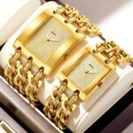 Orimart Daily Couple Watch for Women Full Diamond Dial Double Chain Strap 9mm Thin Case Pointer Quartz Waterproof Fashion Watch