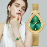 Orimart Luxury Water Drop Shaped Women's Quartz Watch Pointer Diamond Inlay Alloy Mesh Band Calendar Date 30M Water Resistant