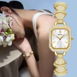 Women's Square Mother-of-Pearl Quartz Watch - Diamond-Accent Dial, Gold-Tone Alloy Band, 10M Waterproof Analog - Image 4