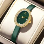 Orimart Women's Fashion Elegant Quartz Watch Pointer Dial Diamond-Studded 10mm Slim Stainless Steel Case Leather Strap