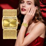 Women's Fashion Diamond-Accent Quartz Watch-Gold-Tone Alloy Bracelet Water Resistant 10m Modern Luxury Daily Wear
