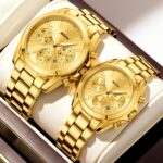 Couple Chronograph Quartz Watch Set - Three-Eye Multifunction Dial, Alloy Bracelet, Waterproof Analog Timepiece for Him & Her - Image 3