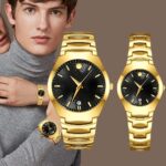 Couple Quartz Watch Set for Him and Her - Black & Gold Alloy Case, Acrylic Strap, Analog Timepiece for Daily Wear